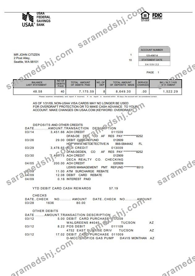 USA USAA bank statement 5 pages